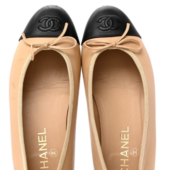 CHANEL BALLET FLATS 100% AUTHENTIC. Lambskin  Beige & Black. - Picture 3 of 4